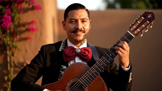 Mariachi musician playing classical guitar in traditional suit outdoors