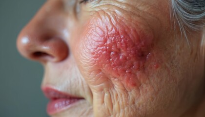Closeup of an elderly woman cheek showing a red inflamed rash with visible wrinkles. Skin condition causes discomfort and medical concern. Facial inflammation visible.