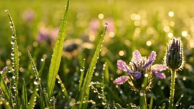 Bokeh Dew Sparkle spring A shallow depth of field shot where sparkling dew drops on foreground elements (leaves, petals) are in sharp