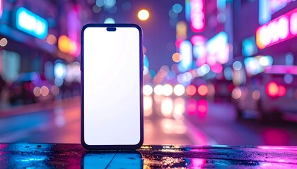A smartphone with a blank screen stands on a reflective surface against a blurred, vibrant city at night with neon lights