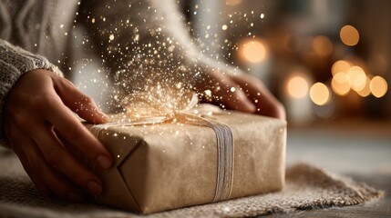 Gift wrapping with a shiny bow and sparkling effects during a cozy indoor gathering in winter