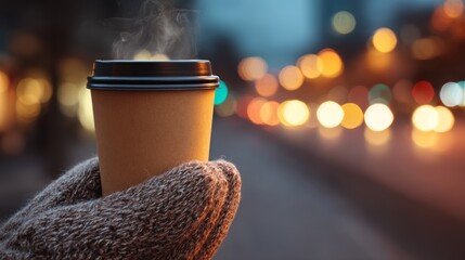 Hand holding a coffee cup in a city street with blurred lights in the background during early morning or evening