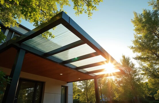 Modern home extension features clear corrugated polycarbonate roofing for carport patio. Sunlight streams through transparent material creating bright outdoor living space. Durable, weather resistant.