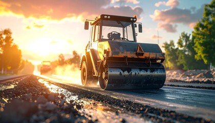 A vibrant sunset casts golden light on a construction site. A steamroller compacts asphalt on a newly paved road