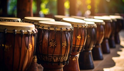 Close-up of multiple ornate wooden drums lined up outdoors, with the sun shining behind them, creating a warm, focused image