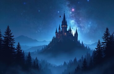Mystical castle atop forested hill beneath starry night sky. Blue mist drifts through dark pine trees. Birds fly near ancient gothic architecture. Night scene evokes wonder.