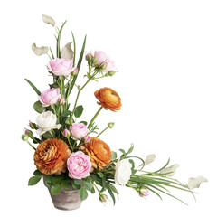Obraz premium Delicate botanical corner element with wild roses and ranunculus in muted terracotta isolated on white background