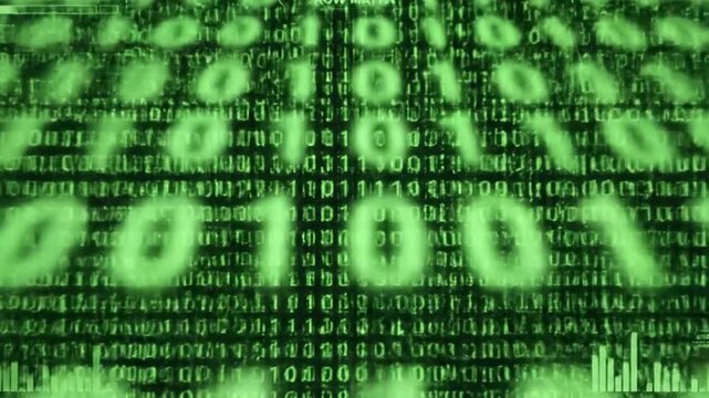 A visual display of glowing green digital characters predominantly ones and zeros appearing to stream downwards over a dark background with data visualization elements