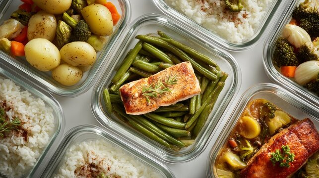 Meal prep involves cooked salmon, vegetables, and rice arranged in glass containers for easy storage and later consumption
