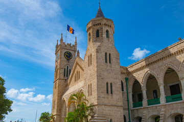 Obraz premium Parliament Building and Museum on Broad Street in historic city center of Bridgetown, Barbados. Historic Bridgetown and its Garrison is a UNESCO World Heritage Site.