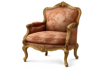 Antique armchair presenting rococo style design with intricate gold leaf carvings and a textured velvet seat, transparent background