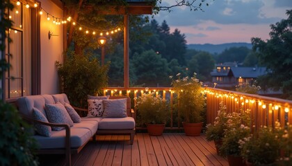 Naklejka premium Outdoor patio deck with string lights, potted plants at dusk. Comfortable sofa with pillows sits on wooden floor overlooking distant village. Cozy evening ambiance for relaxation romantic gathering.