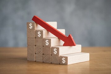 Wooden blocks with dollar signs and red arrow pointing down showing financial loss and decline