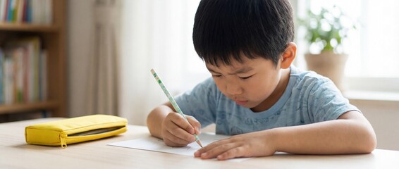 Cute young Asian boy intensely focused on homework or drawing at pale wooden desk with yellow
