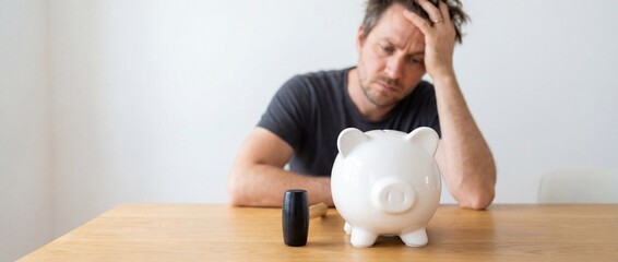 Man in distress with hand on forehead sitting at table with white piggy bank and black object