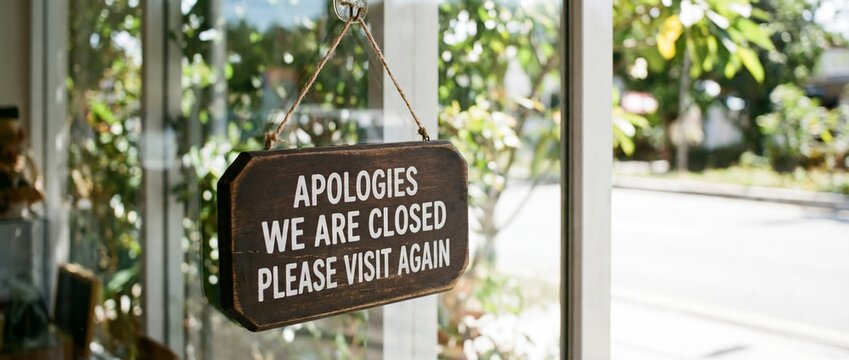 Dark wooden sign hanging on glass door with text apologies we are closed please visit again outside