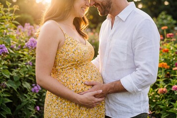 Happy expectant couple embracing and holding baby bump in a blooming garden at sunset