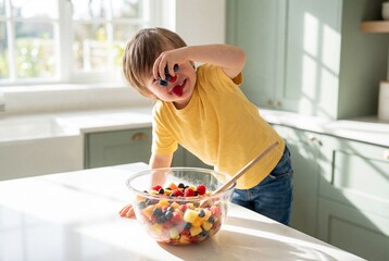 Playful little boy holding fresh berries to his eye while making fruit salad in a sunny kitchen