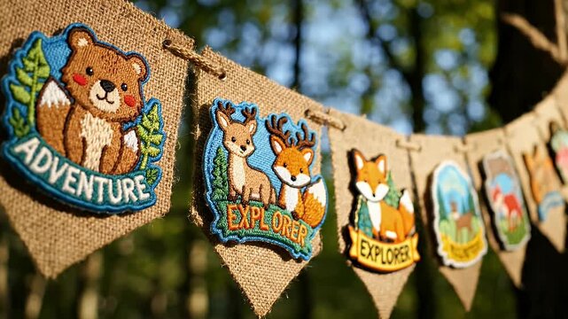 Adorable Adventure Badges Bunting for Outdoorsy Kids, Woodland Animals and Camping Decorations