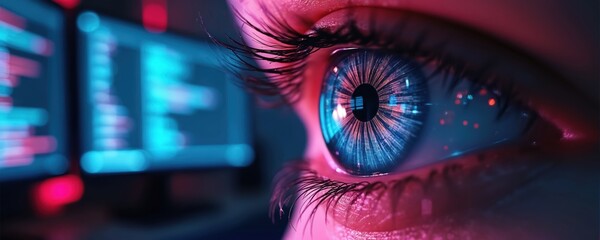 Cyberpunk eye reflects digital code on monitors in dark room. Futuristic tech analyzes data streams. Information analysis, data mining, online security.