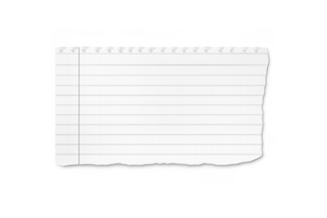 Torn white lined paper sheet with notebook perforations and ragged edges, creating a blank scrap note design on transparent background