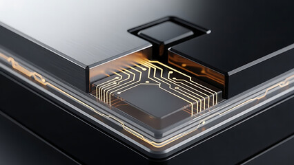 Close-up of an advanced electronic circuit board with glowing data pathways integrated into a sleek, dark hardware component, representing sophisticated digital technology