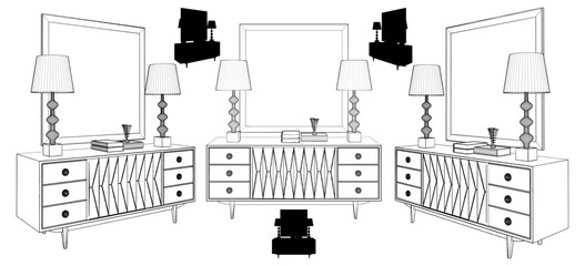 Commode Locker Vector. An Illustration Set Of a Commode Picture Dresser Locker Table Lamp Book Isolated On A White Background.
