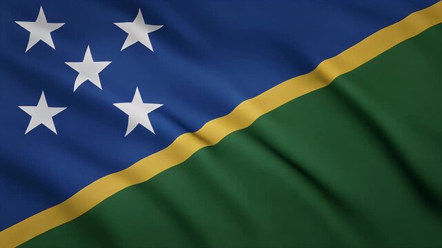Flag of Solomon Islands waving with blue green and yellow colors