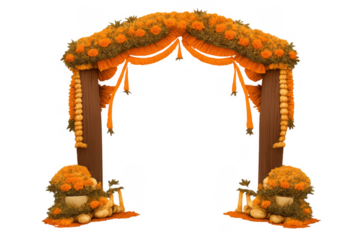 Indian wedding arch decorated with garlands of orange marigolds and green foliage, festive cultural celebration entrance