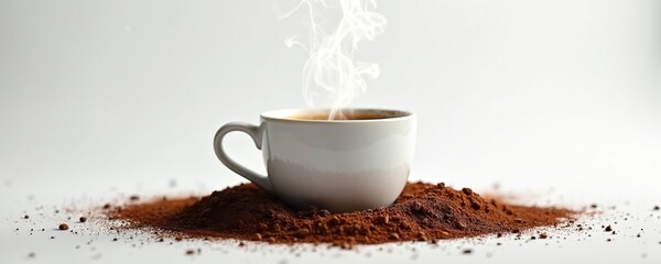 Hot steaming coffee cup rests on dark coffee grounds. Aroma rises, inviting morning energy. Perfect for breakfast, cafes, or cozy moments. Enjoy rich, bold flavor.