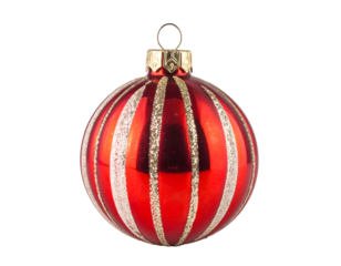 Shiny red striped bauble with gold glitter accents