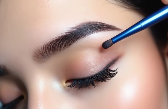 Master applies eye shadow with blue brush on young woman eyelid. Closeup of brow lamination procedure, shaping eyebrows for perfect makeup. Beauty salon service.