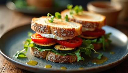 Fresh sandwich on artisanal bread with goat cheese, tomato, grilled zucchini, and arugula, presented on dark plate with olive oil drizzle. Delicious, healthy meal option for lunch or light dinner.