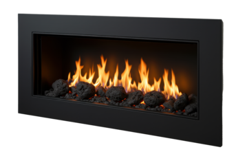 sleek matte black minimalist built-in fireplace with dynamic orange flames over lava rocks, focused studio lighting on a transparent background with copy space, modern luxury warmth concept
