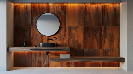 Modern Bathroom Vanity with Round Mirror and Wooden Wall.
