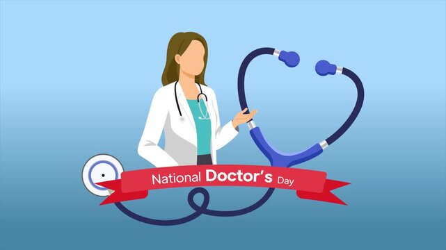 Animated video of a doctor with stethoscope forming heart shape for National Doctor Day. National Doctor Day concept. Full length animation illustration. High quality&nbsp;4k&nbsp;footage
