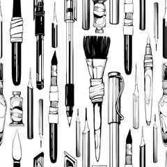 Seamless pattern of hand-drawn art tools in line art, including pens, brushes and nibs and paints. Design for textile, fabric, packaging, decoupage, prints, souvenirs.