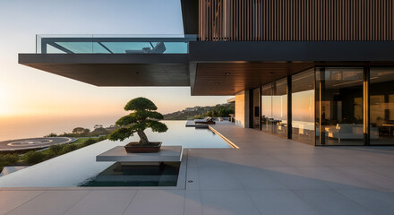 Modern luxury home with infinity pool and ocean view at sunset