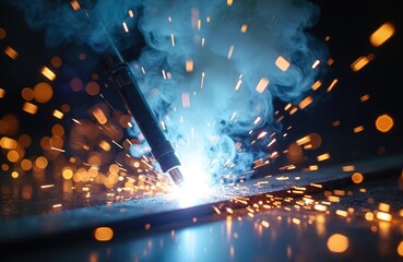 Bright electric arc welding torch sparks and smoke fly in dark workshop. Skilled metalworker joins steel beams creating industrial structure with heat and intense light.