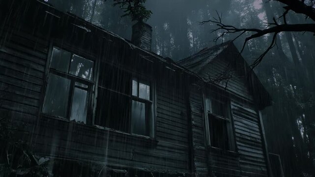 A dilapidated wooden house stands ominously in a dark, misty forest during a heavy rainstorm.