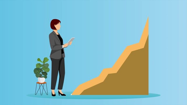 Animated video of a woman planning growth and career progress. People self employed concept. Full length animation illustration. High quality&nbsp;4k&nbsp;footage