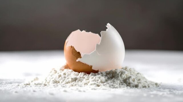 Broken eggshell on flour culinary concept of fresh ingredients