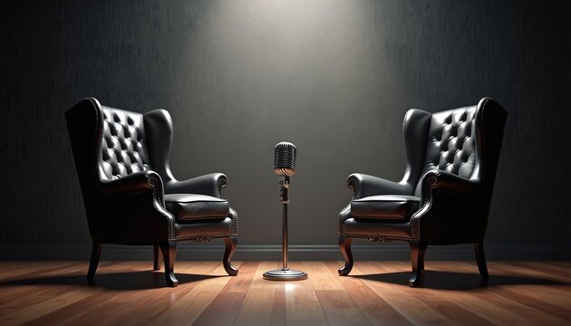 Two vintage leather armchairs face on wooden floor with classic microphone centered between. Dramatic spotlight illuminates scene, suggesting interview podcast setup. Empty stage perfect for - Powered by Adobe