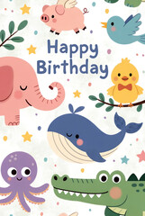 Fototapeta premium Happy Birthday Fun With Cute Animals: Pig, Bird, Whale, Duck And Friends Card Illustration Colorful birthday card illustration featuring cute animals like pig, bird, whale, duck, octopus and crocodi