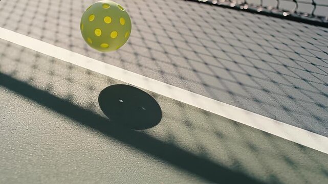 Pickleball ball bouncing on court with net shadow dynamic sports action.