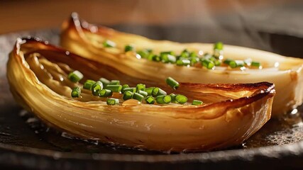 Golden brown roasted chicory halves beautifully caramelized and glistening with a sweet glaze presented as an elegant and healthy side dish showcasing gourmet cooking and culinary artistry in a rusti.