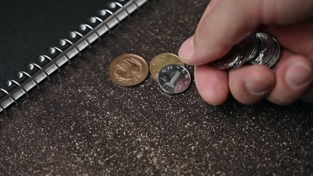 Budiness man hand count Chineese Yuan coints on table