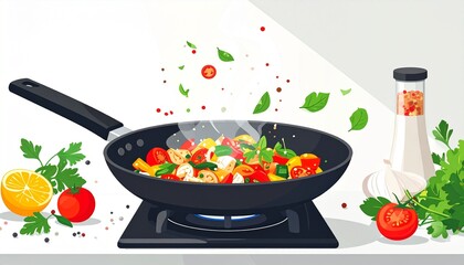 High-quality flat design of a cooking process with a pan, aromatic herbs, and fresh produce isolated on a bright kitchen background.