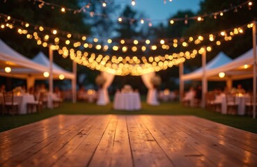 Outdoor wedding reception party with dance floor and string lights. Tents, tables, and blurred guests create a festive atmosphere for celebration and romance.