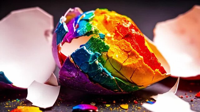 Broken eggshell with rainbow colors representing diversity and inclusion